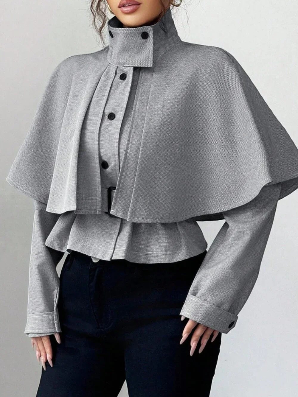 Black And White Casual Women's Houndstooth Cropped Waist Cape